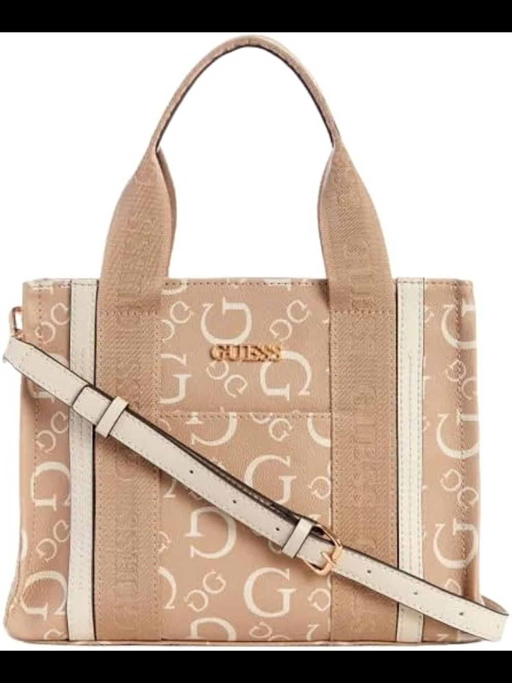 GUESS Beige Logo Tote with Cream Trim and Adjustable Strap